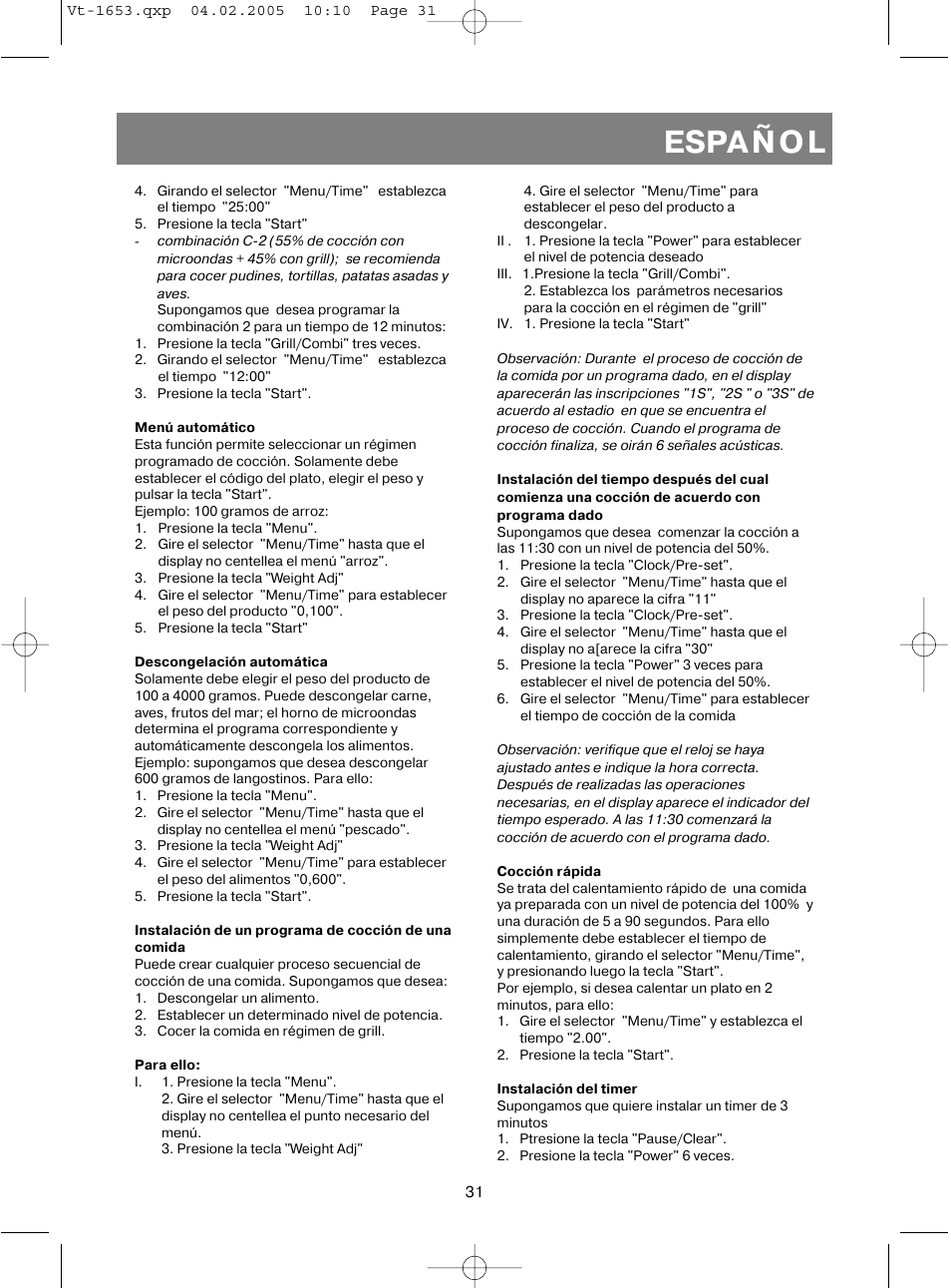 Español | Vitek VT-1653 User Manual | Page 31 / 72