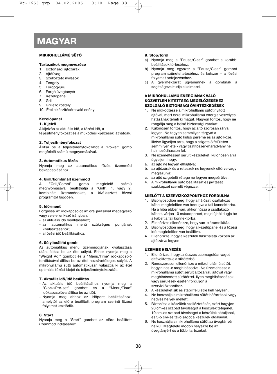 Magyar | Vitek VT-1653 User Manual | Page 38 / 72