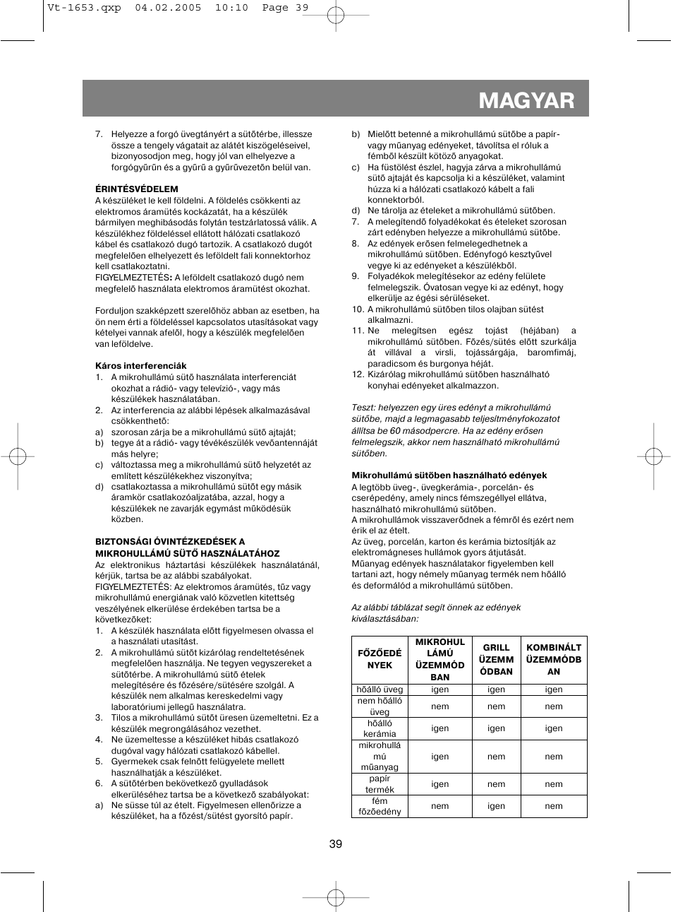 Magyar | Vitek VT-1653 User Manual | Page 39 / 72