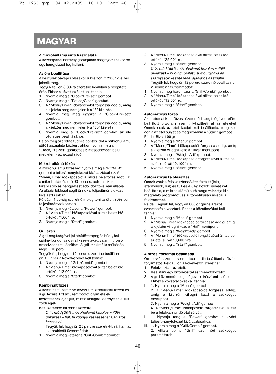 Magyar | Vitek VT-1653 User Manual | Page 40 / 72