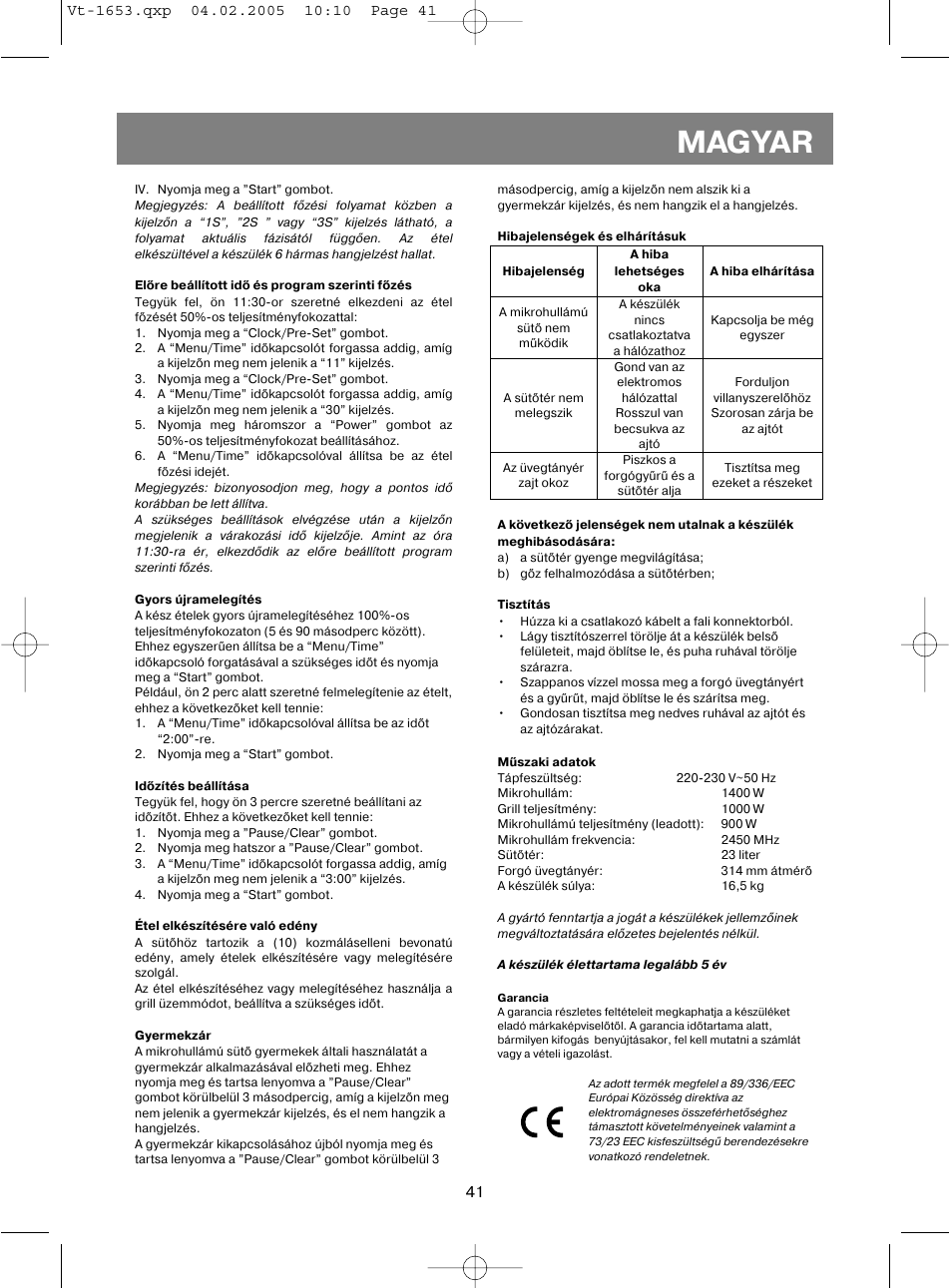 Magyar | Vitek VT-1653 User Manual | Page 41 / 72