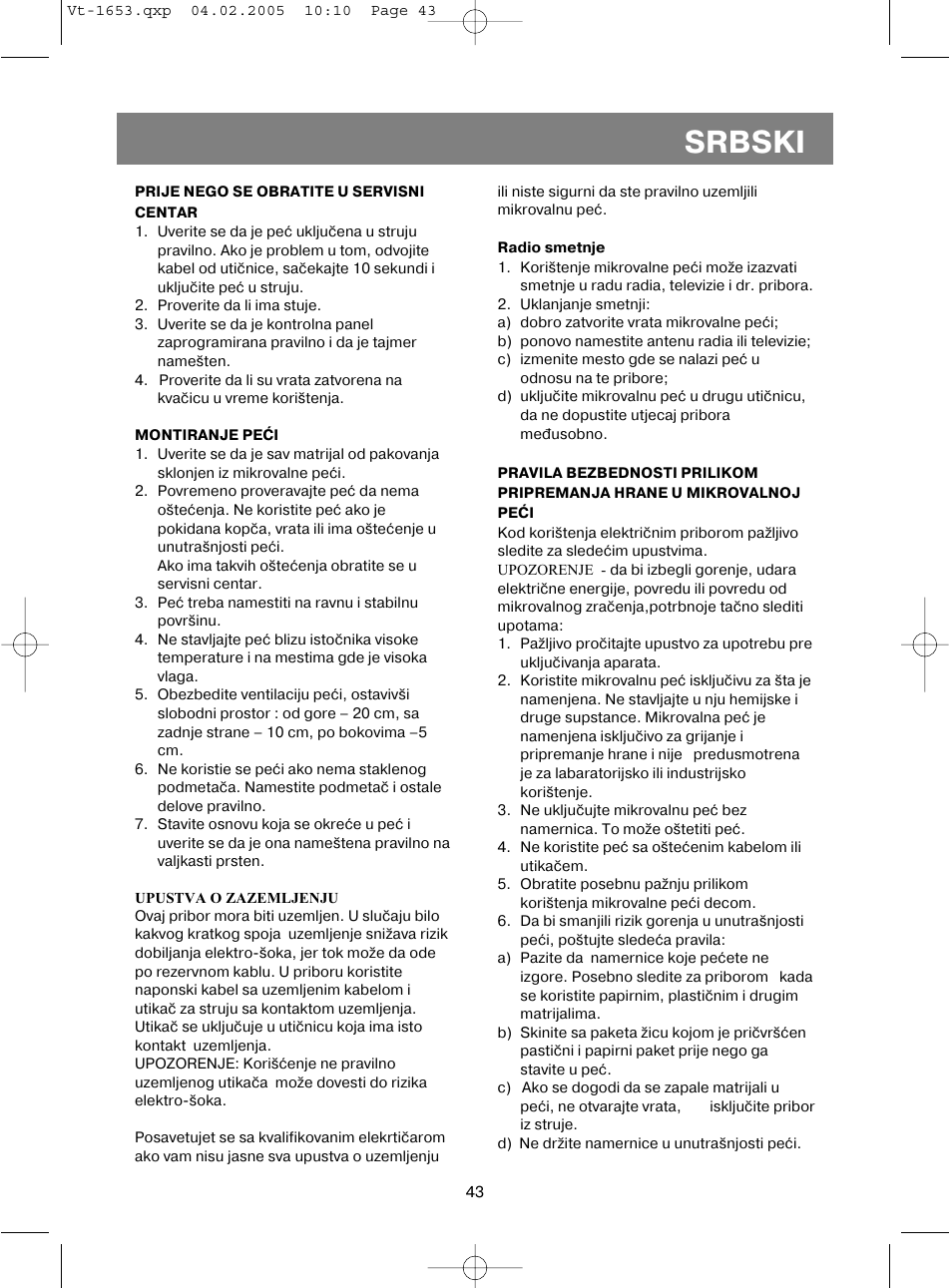 Srbski | Vitek VT-1653 User Manual | Page 43 / 72