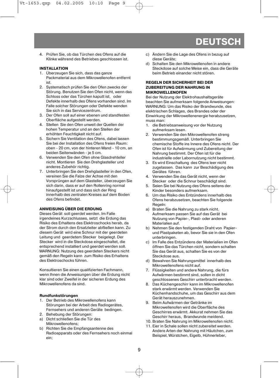 Deutsch | Vitek VT-1653 User Manual | Page 9 / 72