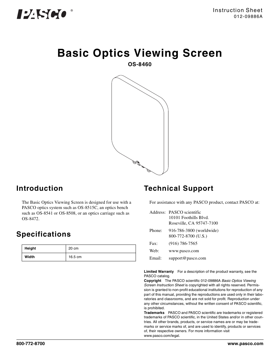 PASCO OS-8460 Basic Optics Viewing Screen User Manual | 1 page