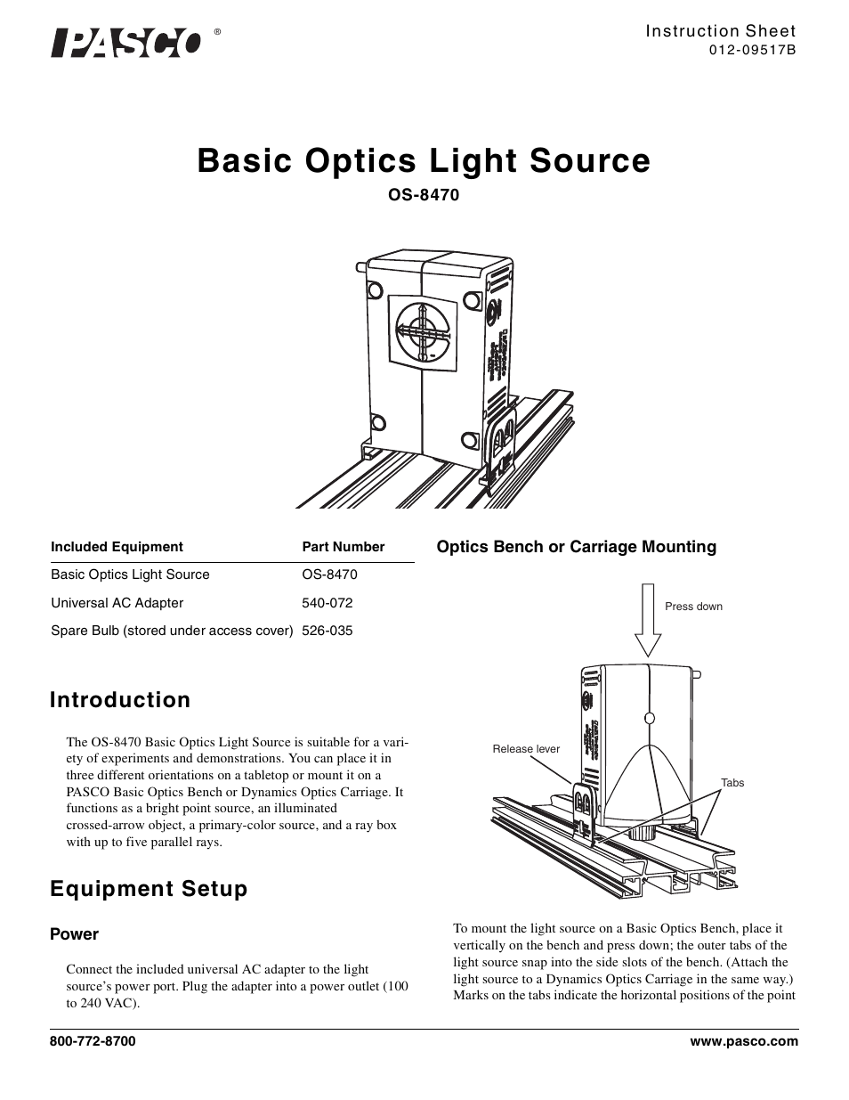 PASCO OS-8470 Basic Optics Light Source User Manual | 4 pages