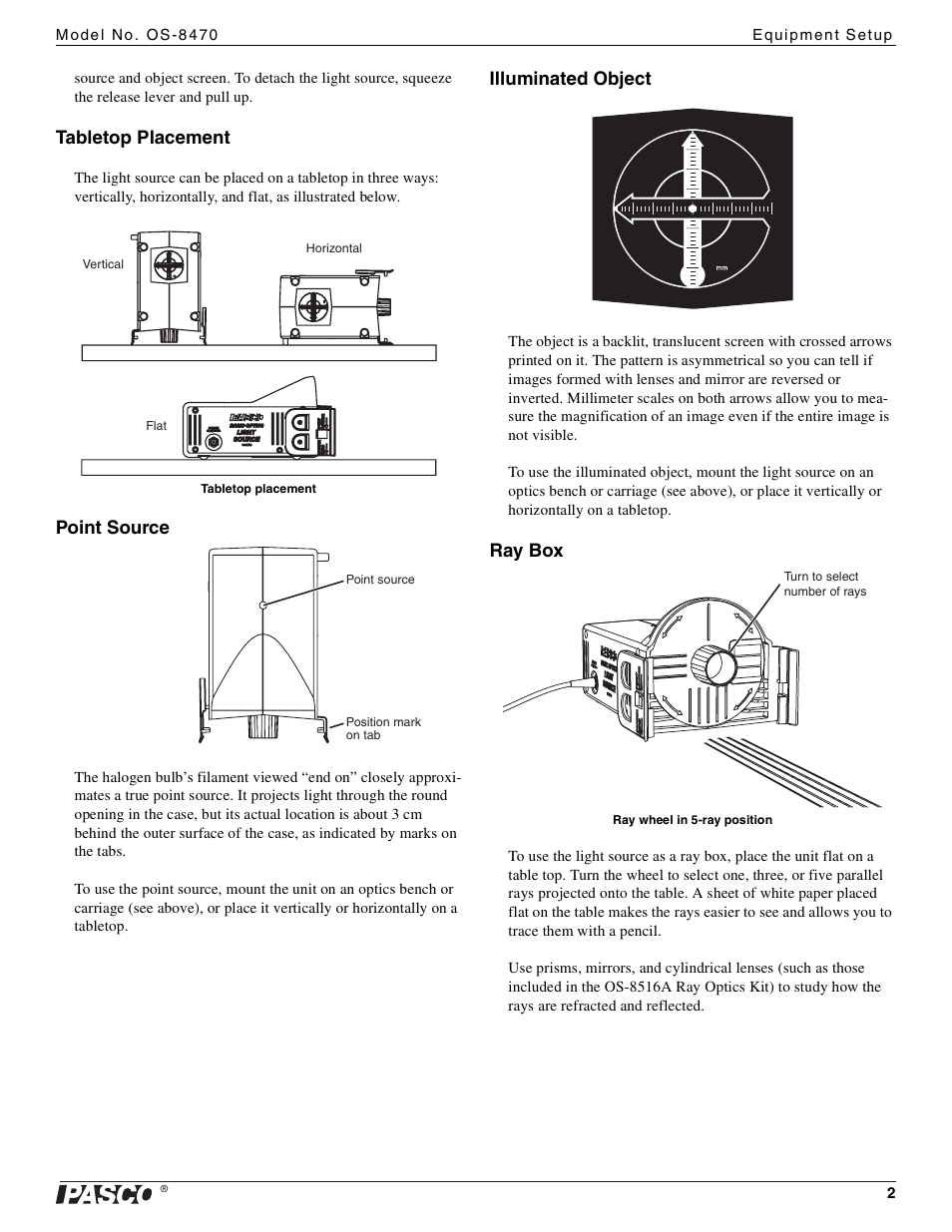 Tabletop placement, Point source, Illuminated object | Ray box | PASCO OS-8470 Basic Optics Light Source User Manual | Page 2 / 4