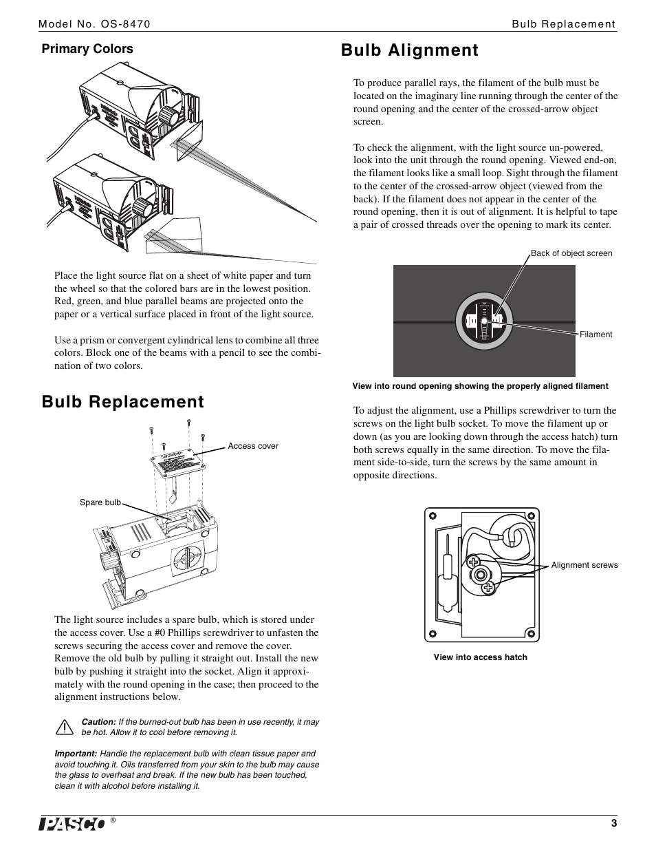 Bulb replacement, Bulb alignment, Primary colors | PASCO OS-8470 Basic Optics Light Source User Manual | Page 3 / 4
