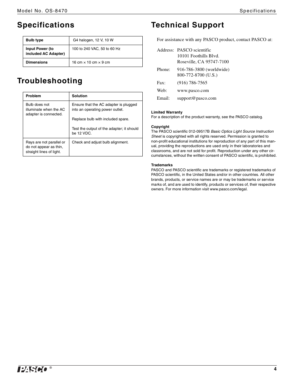 Specifications troubleshooting technical support | PASCO OS-8470 Basic Optics Light Source User Manual | Page 4 / 4