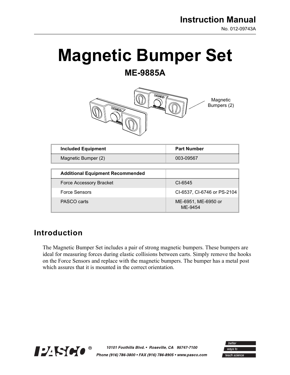 PASCO ME-9885A Magnetic Bumper Set User Manual | 2 pages