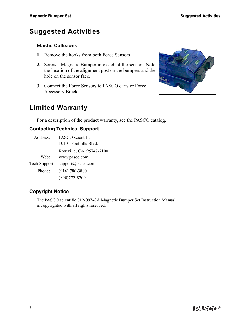 Suggested activities, Limited warranty | PASCO ME-9885A Magnetic Bumper Set User Manual | Page 2 / 2