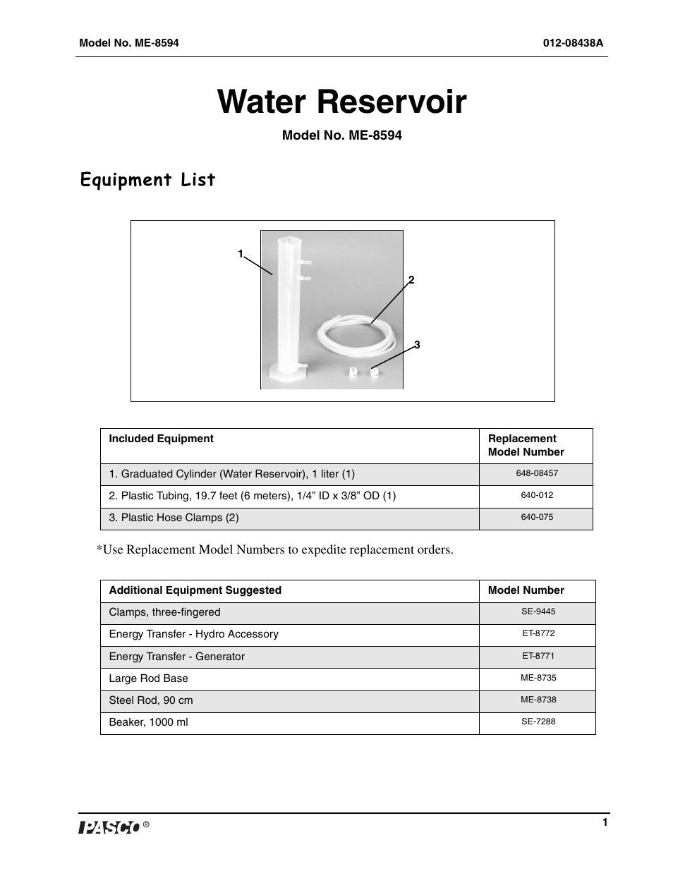 PASCO ME-8594 Water Reservoir User Manual | 4 pages