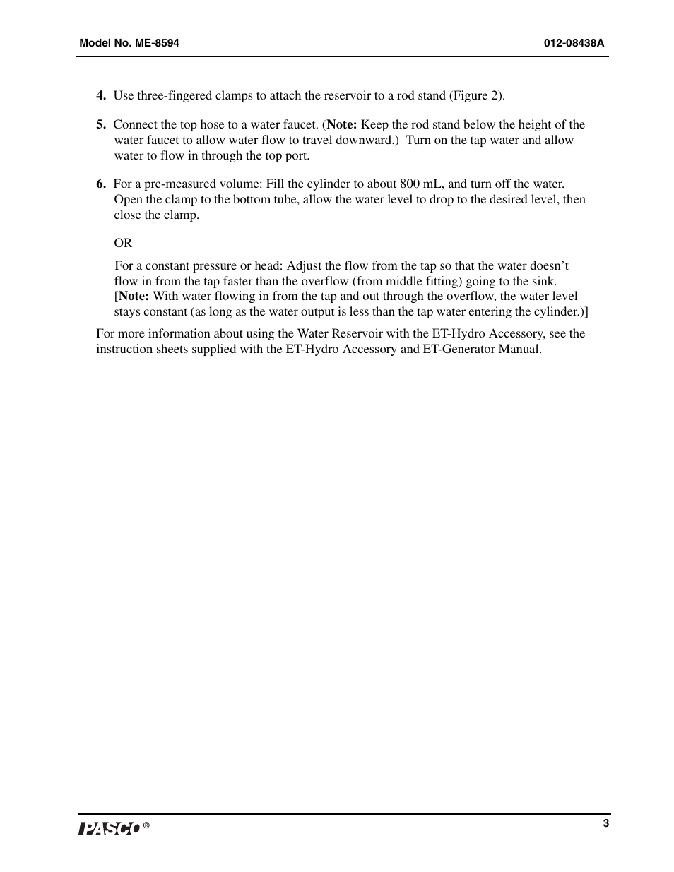 PASCO ME-8594 Water Reservoir User Manual | Page 3 / 4