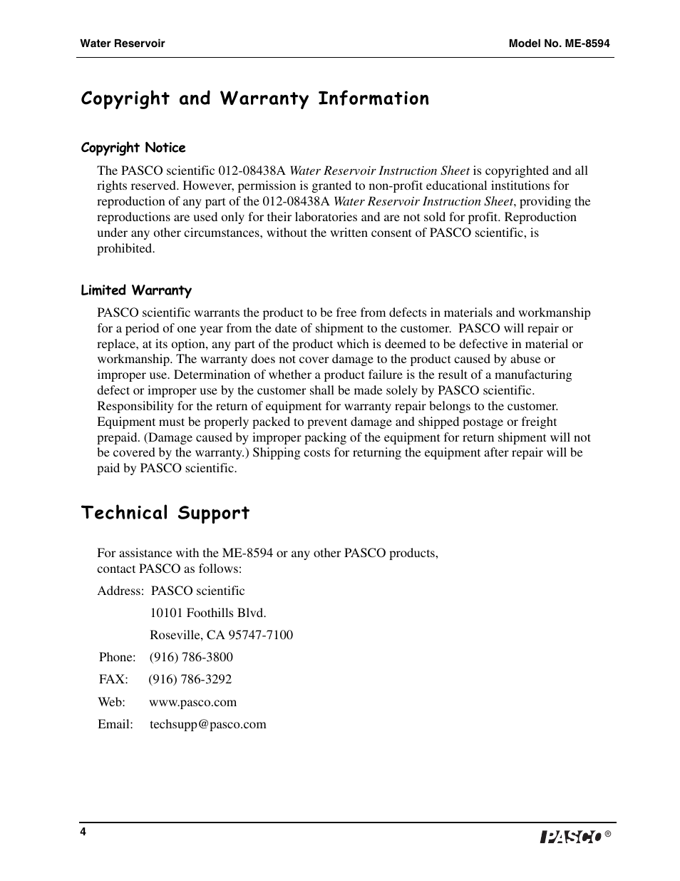 Copyright and warranty information, Technical support | PASCO ME-8594 Water Reservoir User Manual | Page 4 / 4