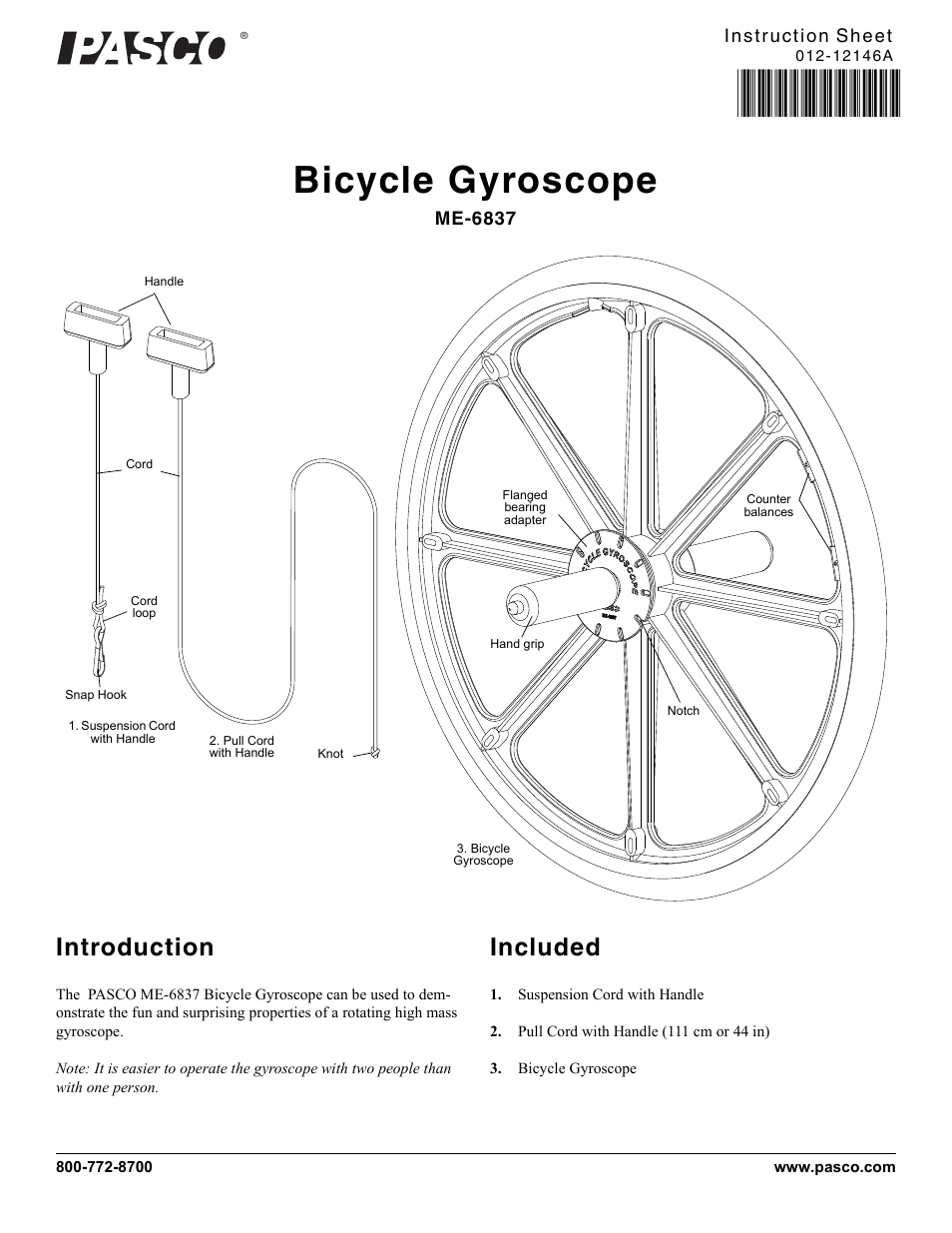 PASCO ME-6837 Bicycle Gyroscope User Manual | 3 pages