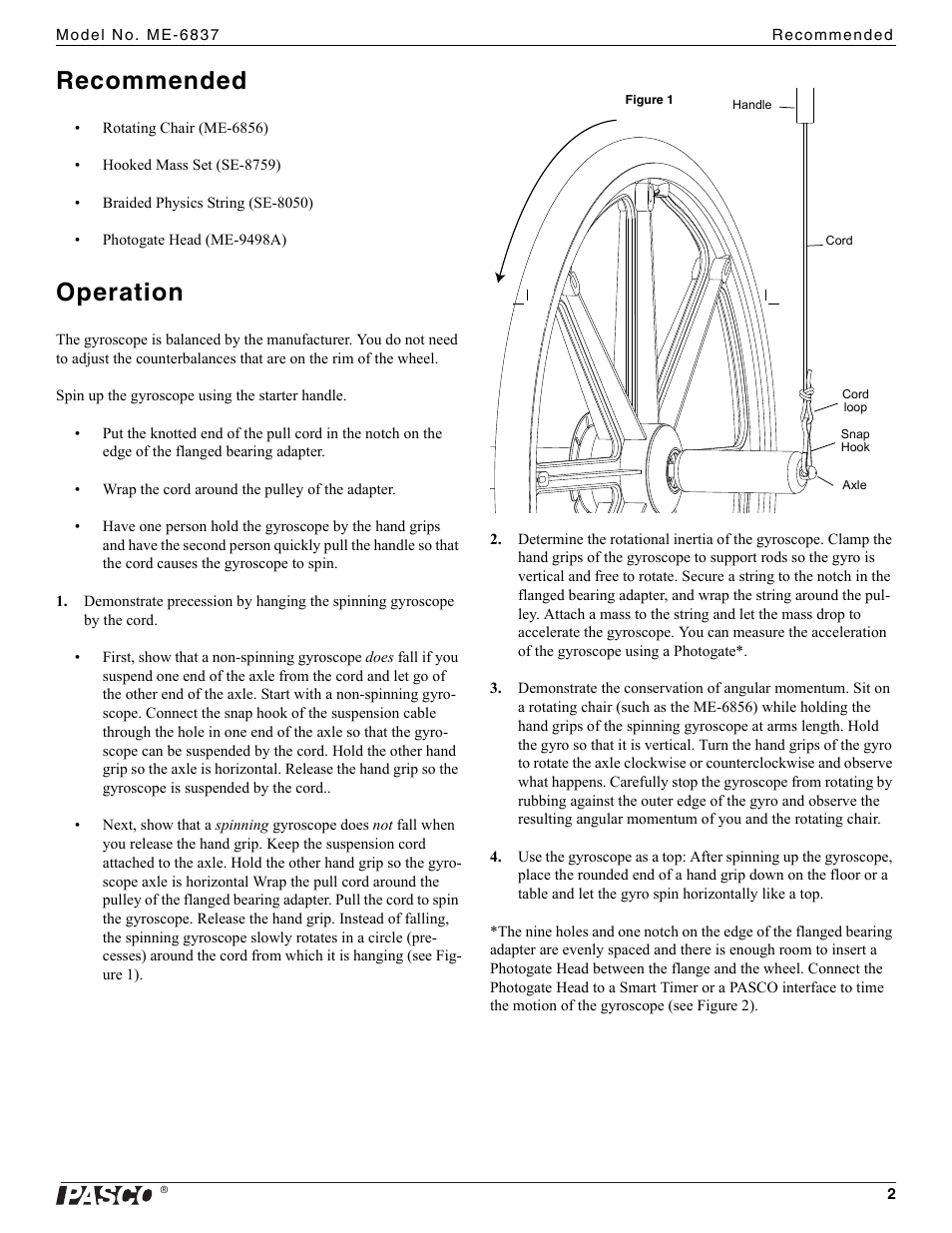 Recommended, Operation | PASCO ME-6837 Bicycle Gyroscope User Manual | Page 2 / 3