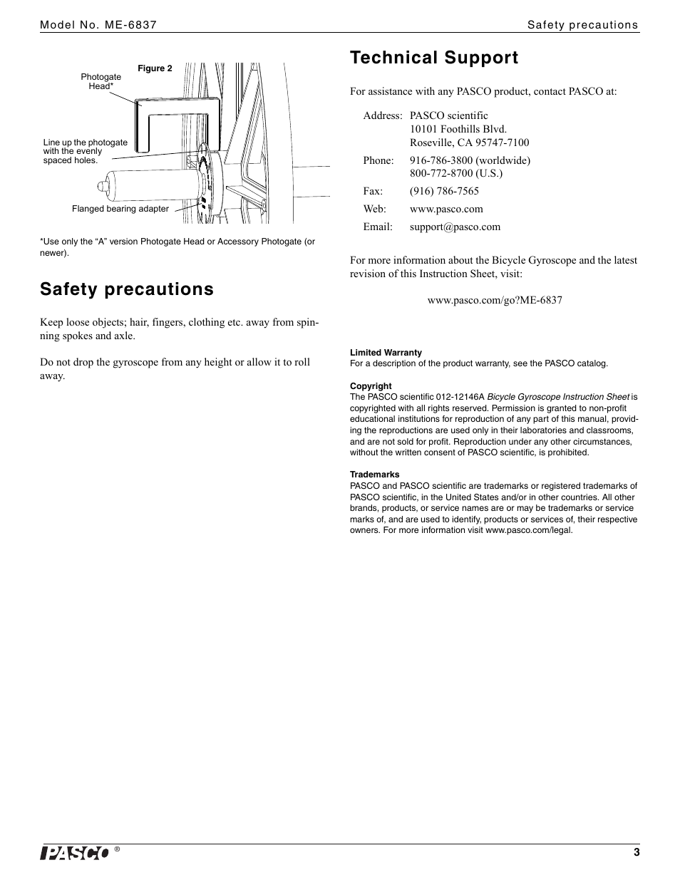 Safety precautions, Technical support | PASCO ME-6837 Bicycle Gyroscope User Manual | Page 3 / 3