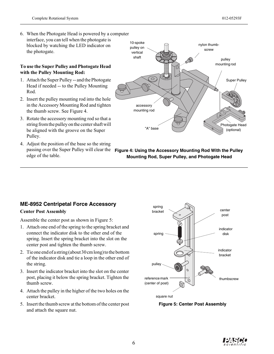 Spoke pulley on vertical shaft, Nylon thumbscrew, Accessory mounting rod | A" base, Pulley mounting rod, Photogate head (optional), Super pulley, Spring bracket, Spring, Square nut | PASCO ME-8950A COMPLETE ROTATIONAL SYSTEM User Manual | Page 10 / 49