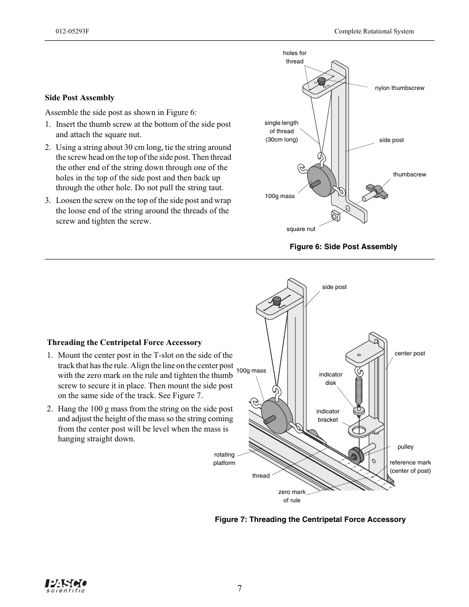 Figure 6: side post assembly, Holes for thread, Thumbscrew | Square nut, 100g mass, Single length of thread (30cm long), Side post, Nylon thumbscrew, Indicator bracket, Center post | PASCO ME-8950A COMPLETE ROTATIONAL SYSTEM User Manual | Page 11 / 49