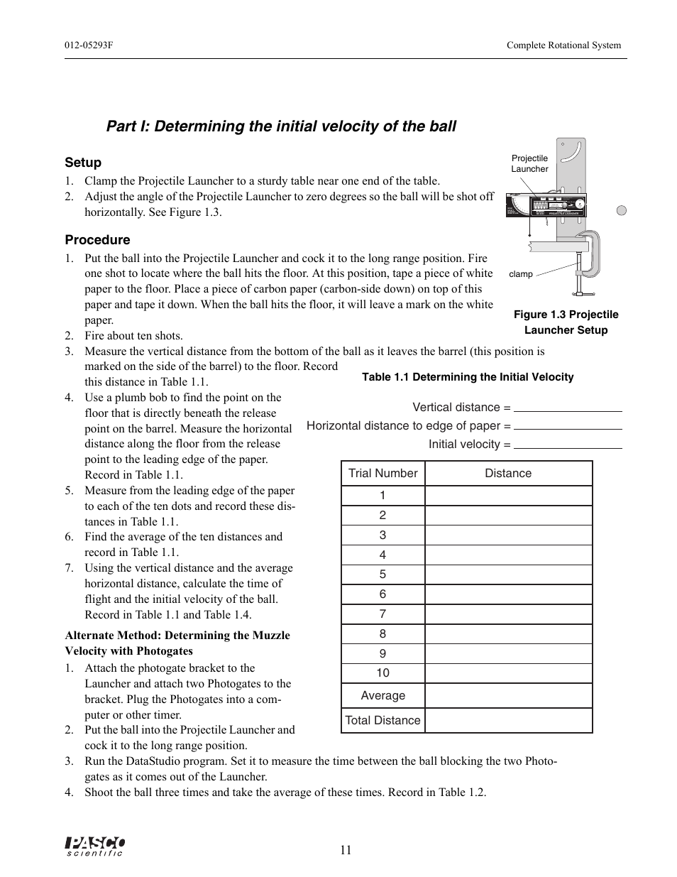 Fire about ten shots, Projectile launcher, Figure 1.3 projectile launcher setup | Clamp, Table 1.1 determining the initial velocity, Setup, Procedure | PASCO ME-8950A COMPLETE ROTATIONAL SYSTEM User Manual | Page 15 / 49