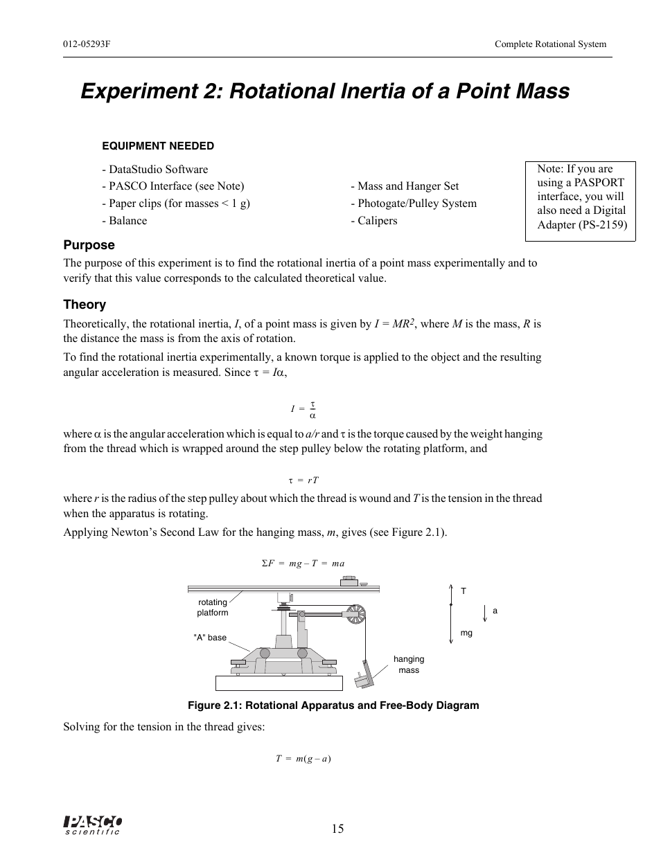 Experiment 2: rotational inertia of a point mass, Rotating platform, A" base | Hanging mass | PASCO ME-8950A COMPLETE ROTATIONAL SYSTEM User Manual | Page 19 / 49