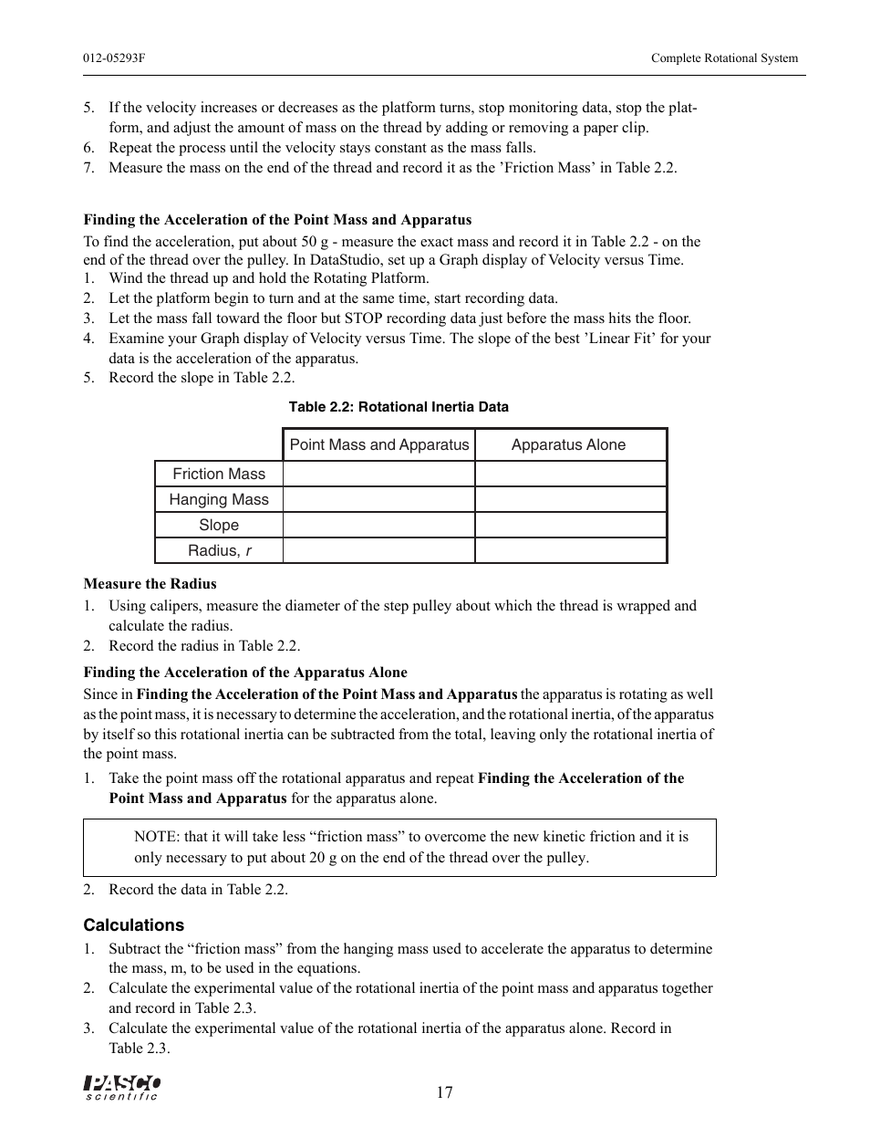 Wind the thread up and hold the rotating platform, Record the slope in table 2.2, Record the radius in table 2.2 | Record the data in table 2.2, Table 2.2: rotational inertia data | PASCO ME-8950A COMPLETE ROTATIONAL SYSTEM User Manual | Page 21 / 49