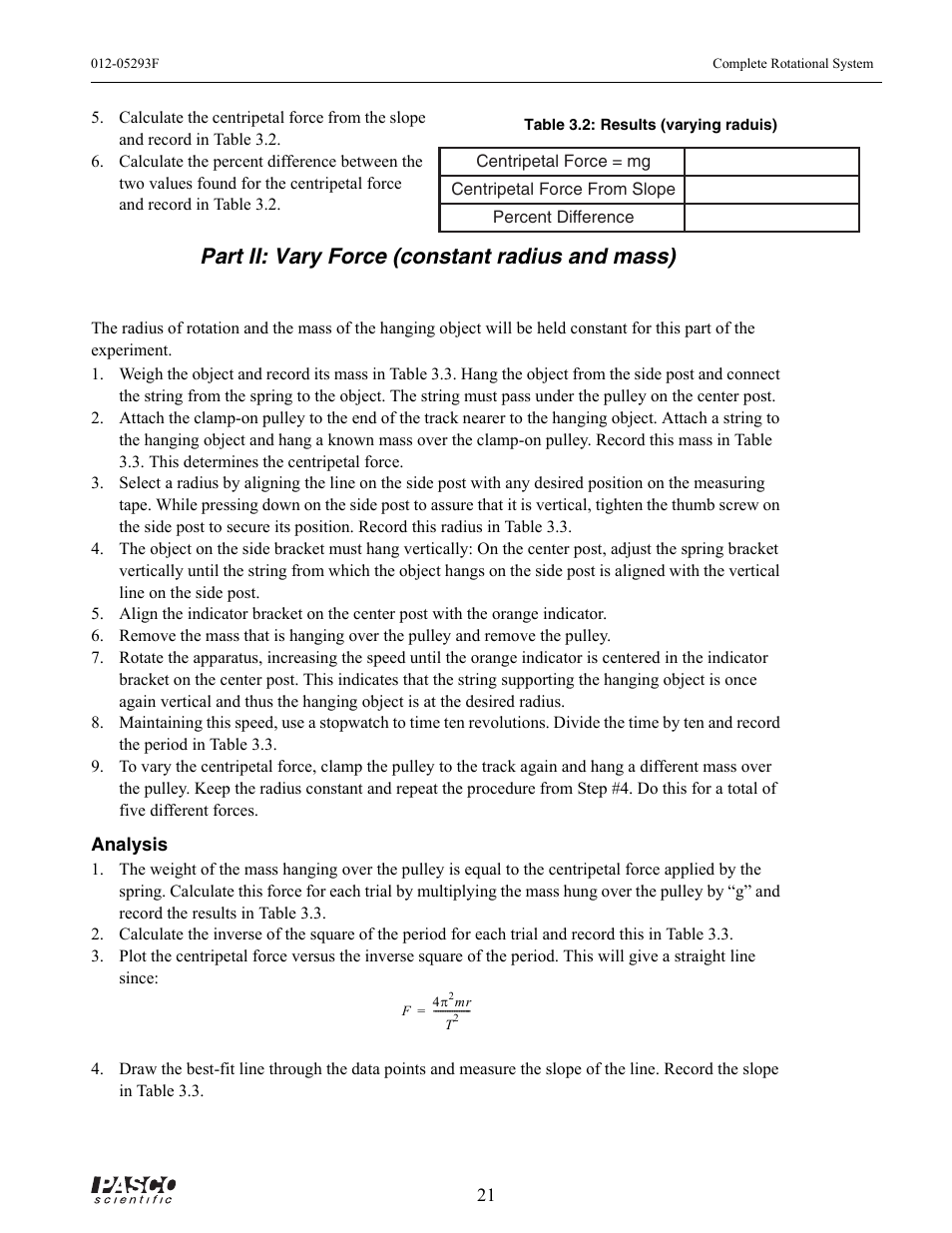 Part ii: vary force (constant radius and mass), Table 3.2: results (varying raduis) | PASCO ME-8950A COMPLETE ROTATIONAL SYSTEM User Manual | Page 25 / 49