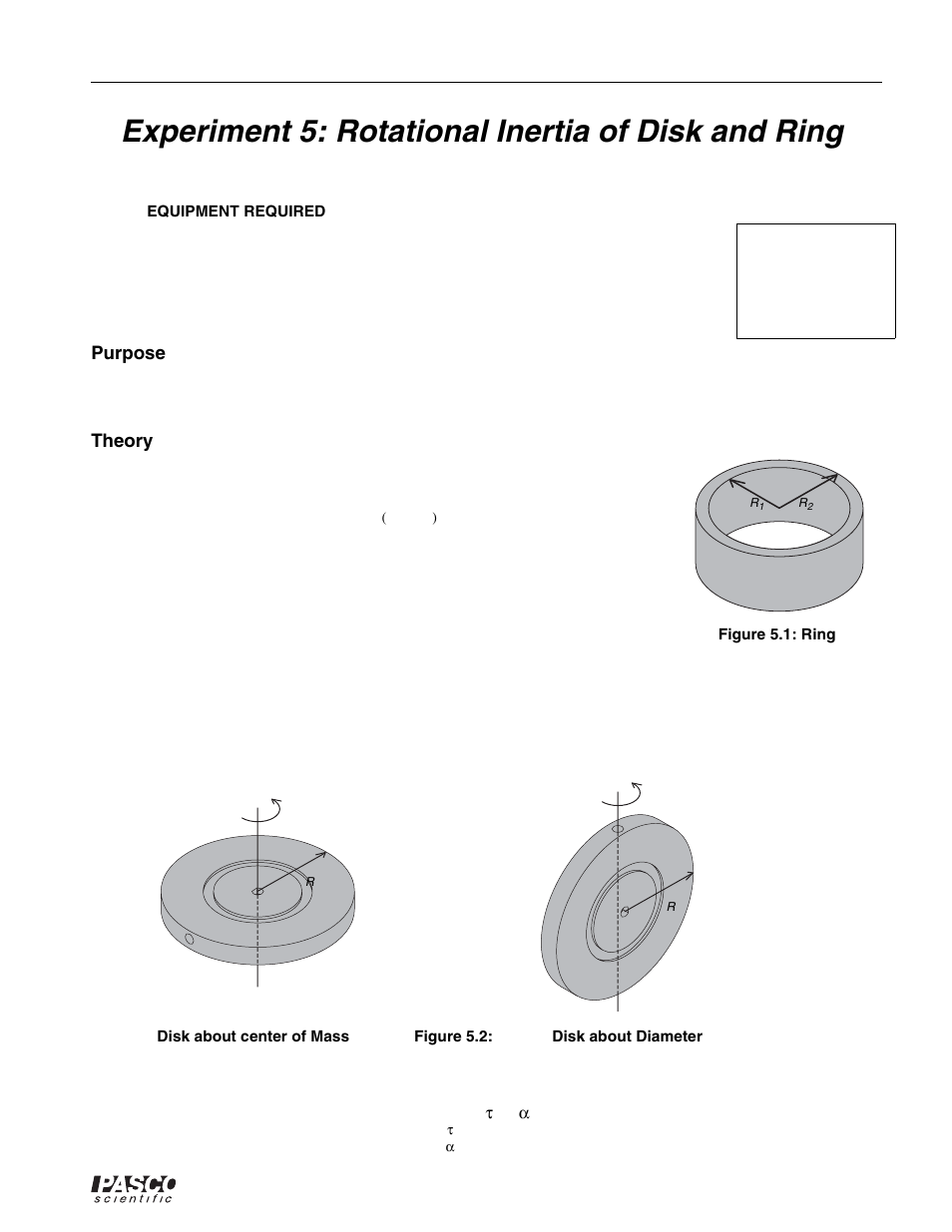 Experiment 5: rotational inertia of disk and ring, Figure 5.1: ring, Disk about center of mass | Disk about diameter, Figure 5.2 | PASCO ME-8950A COMPLETE ROTATIONAL SYSTEM User Manual | Page 35 / 49