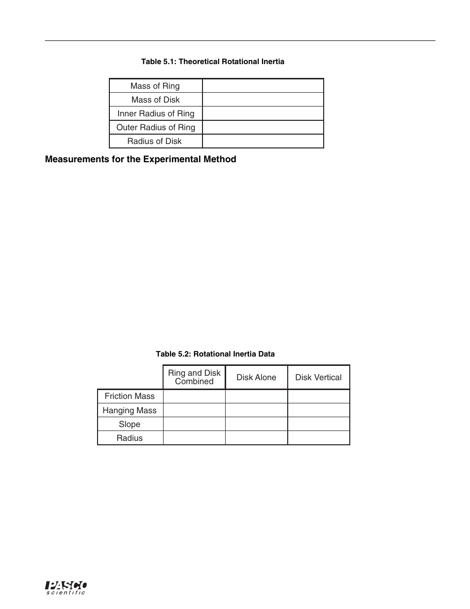 Watch the digits display to see the velocity, Wind the thread up and hold the rotating platform, Record the slope in table 5.2 | Table 5.1: theoretical rotational inertia, Table 5.2: rotational inertia data | PASCO ME-8950A COMPLETE ROTATIONAL SYSTEM User Manual | Page 37 / 49