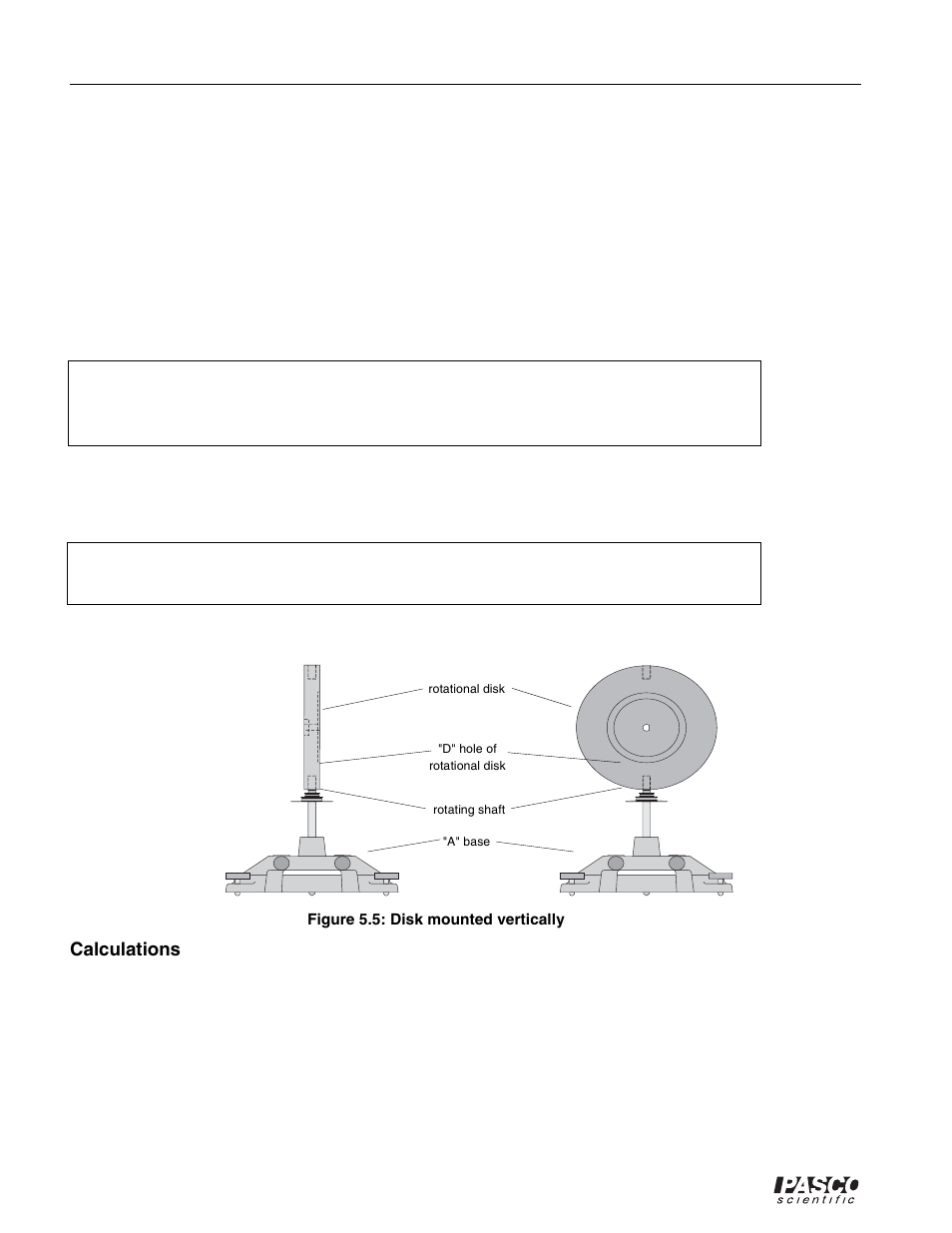 A" base, Rotating shaft, D" hole of rotational disk | Rotational disk, Figure 5.5: disk mounted vertically | PASCO ME-8950A COMPLETE ROTATIONAL SYSTEM User Manual | Page 38 / 49