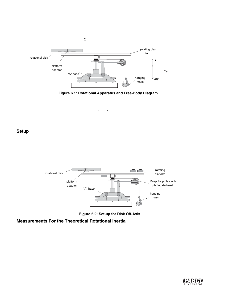 Run the datastudio program, Weigh the disk to find the mass m, Measure the diameter and calculate the radius r | Rotating platform, Hanging mass, A" base, Rotational disk, Platform adapter, Figure 6.2: set-up for disk off-axis, Spoke pulley with photogate head | PASCO ME-8950A COMPLETE ROTATIONAL SYSTEM User Manual | Page 42 / 49
