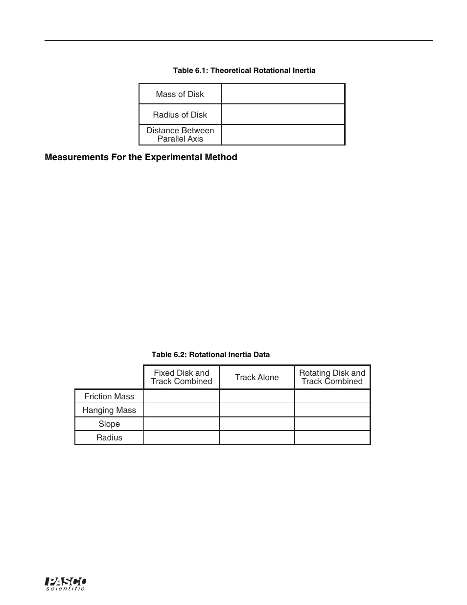 Watch the digits display to see the velocity, Wind the thread up and hold the rotating platform, Record the slope in table 6.2 | Table 6.1: theoretical rotational inertia, Table 6.2: rotational inertia data | PASCO ME-8950A COMPLETE ROTATIONAL SYSTEM User Manual | Page 43 / 49