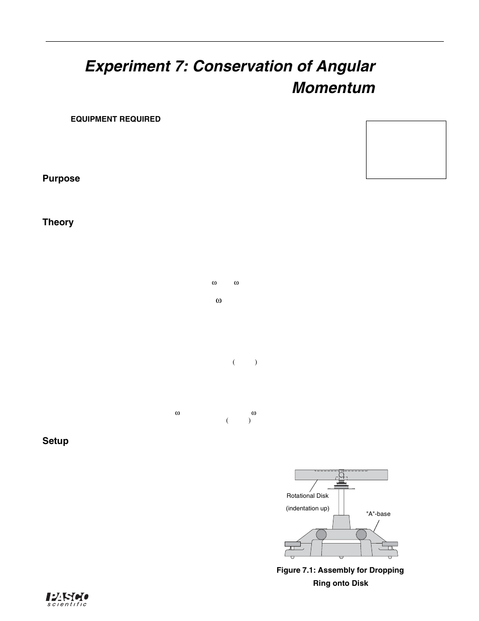 A"-base, Experiment 7: conservation of angular momentum, Rotational disk (indentation up) | Figure 7.1: assembly for dropping ring onto disk, Purpose, Theory, Setup | PASCO ME-8950A COMPLETE ROTATIONAL SYSTEM User Manual | Page 45 / 49