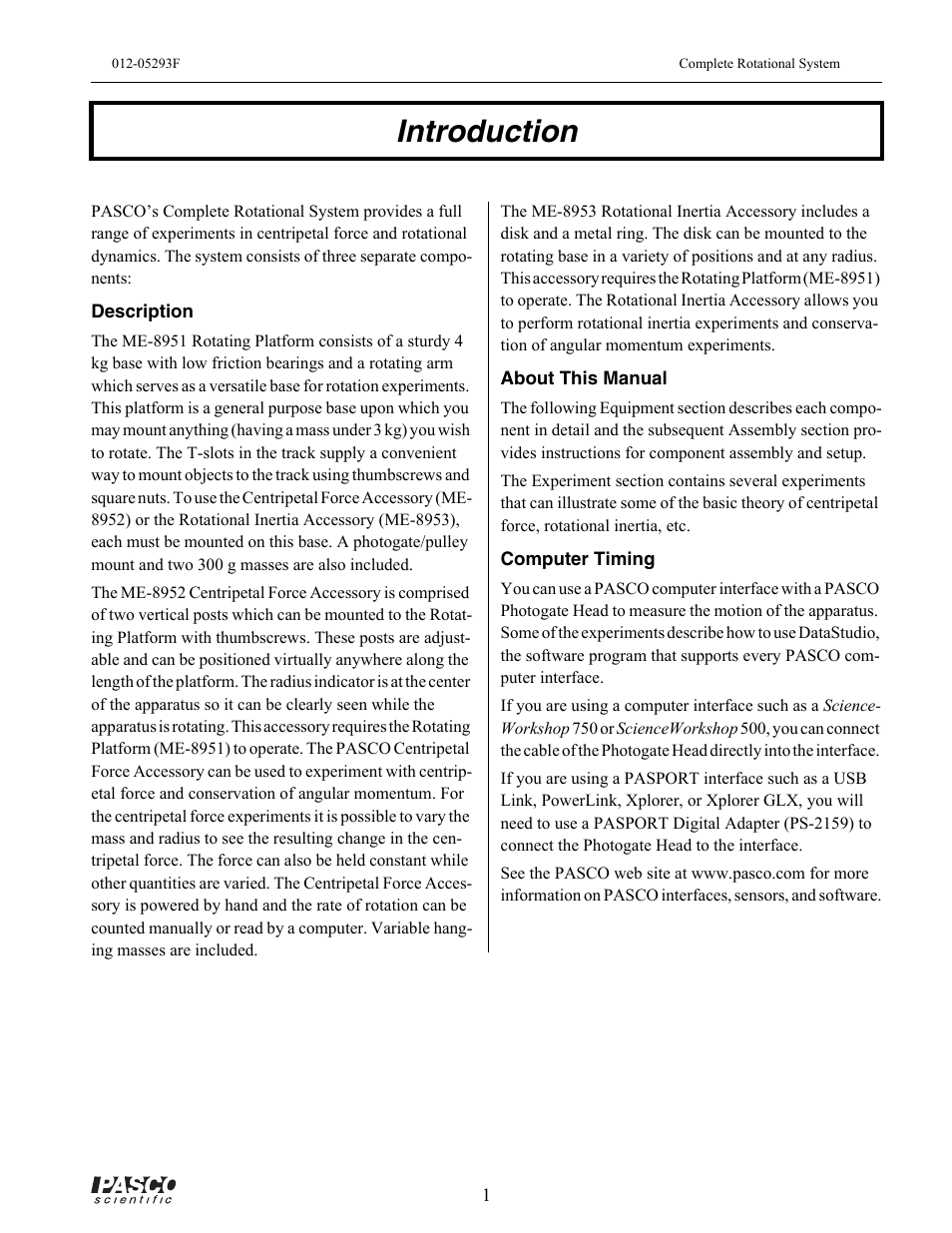 Introduction | PASCO ME-8950A COMPLETE ROTATIONAL SYSTEM User Manual | Page 5 / 49