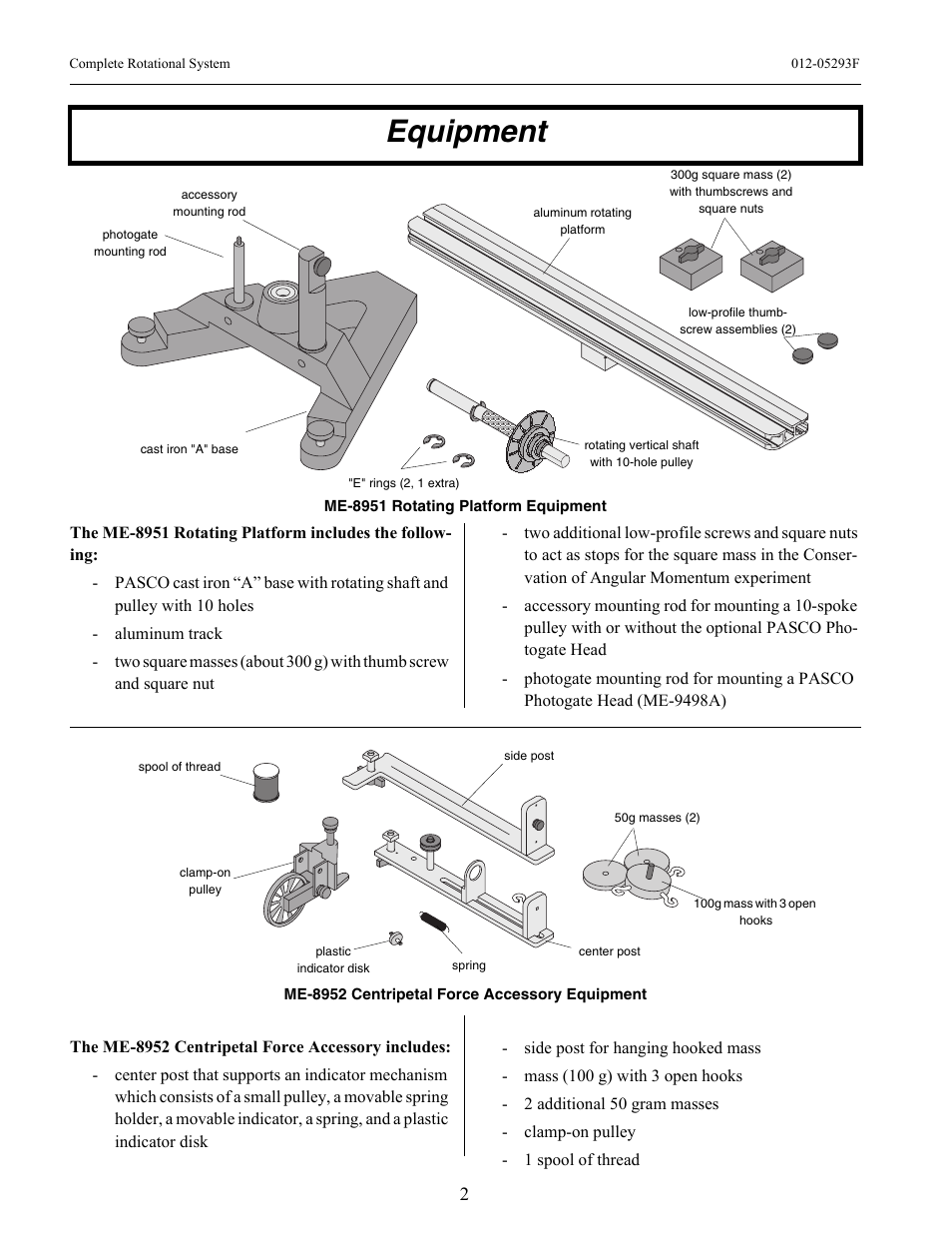 Equipment, 50g masses (2), 100g mass with 3 open hooks | Center post, Side post, Plastic, Indicator disk, Spring, Me-8952 centripetal force accessory equipment, Low-profile thumbscrew assemblies (2) | PASCO ME-8950A COMPLETE ROTATIONAL SYSTEM User Manual | Page 6 / 49