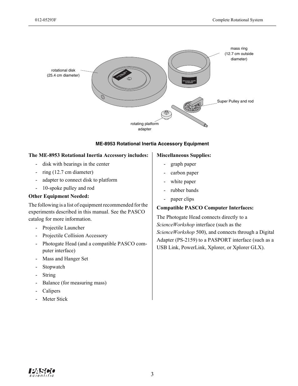 Me-8953 rotational inertia accessory equipment, Rotating platform adapter, Super pulley and rod | Mass ring (12.7 cm outside diameter), Rotational disk (25.4 cm diameter) | PASCO ME-8950A COMPLETE ROTATIONAL SYSTEM User Manual | Page 7 / 49