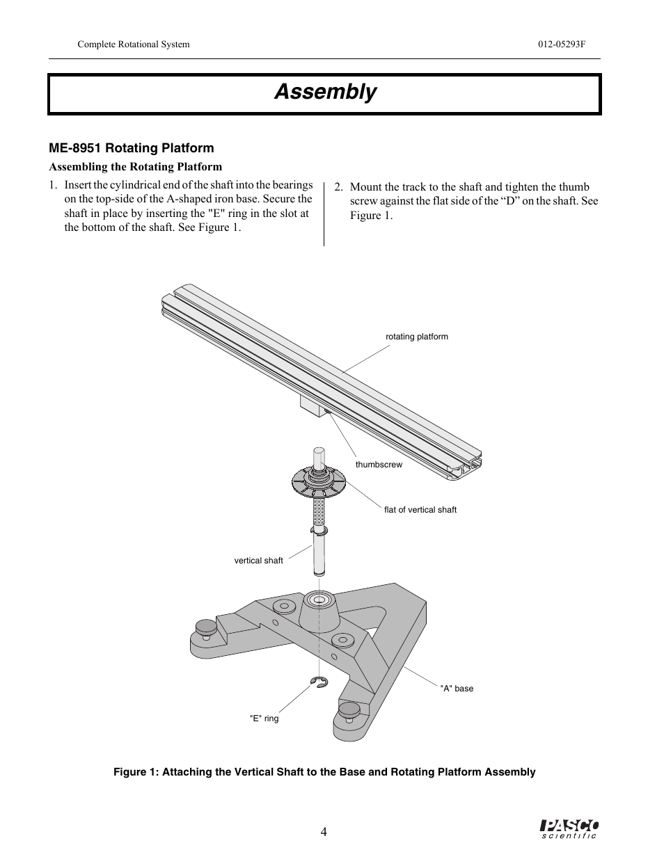 Assembly, A" base, Rotating platform | E" ring, Vertical shaft, Thumbscrew, Flat of vertical shaft | PASCO ME-8950A COMPLETE ROTATIONAL SYSTEM User Manual | Page 8 / 49