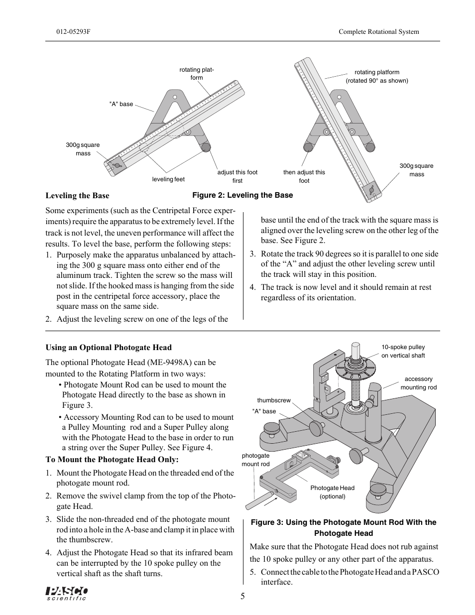A" base, Figure 2: leveling the base, Rotating platform (rotated 90˚ as shown) | Rotating platform, Adjust this foot first, Leveling feet, 300g square mass, Then adjust this foot, Thumbscrew, Photogate head (optional) | PASCO ME-8950A COMPLETE ROTATIONAL SYSTEM User Manual | Page 9 / 49