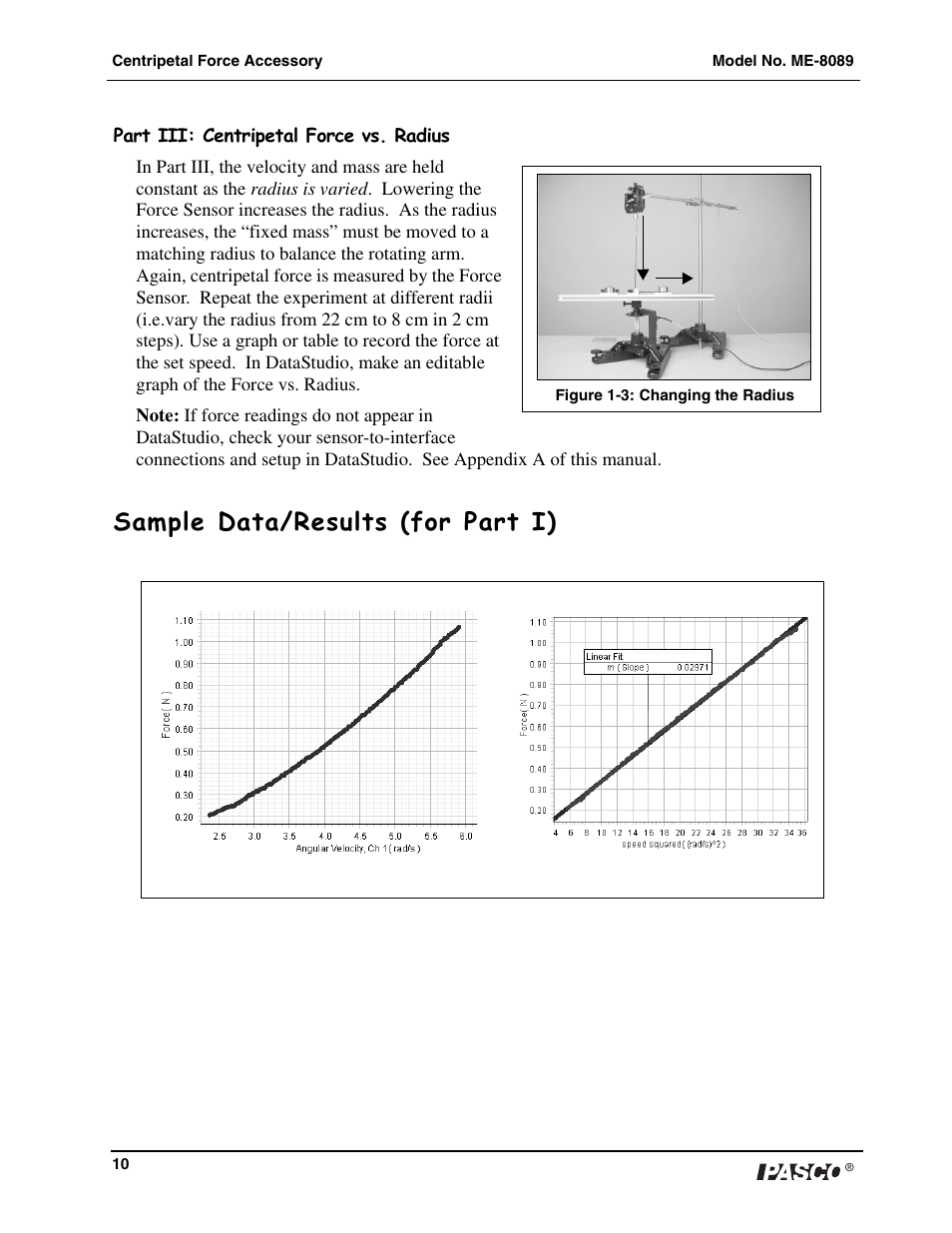 Sample data/results (for part i) | PASCO ME-8089 Computer-Based Centripetal Force Accessory User Manual | Page 10 / 12