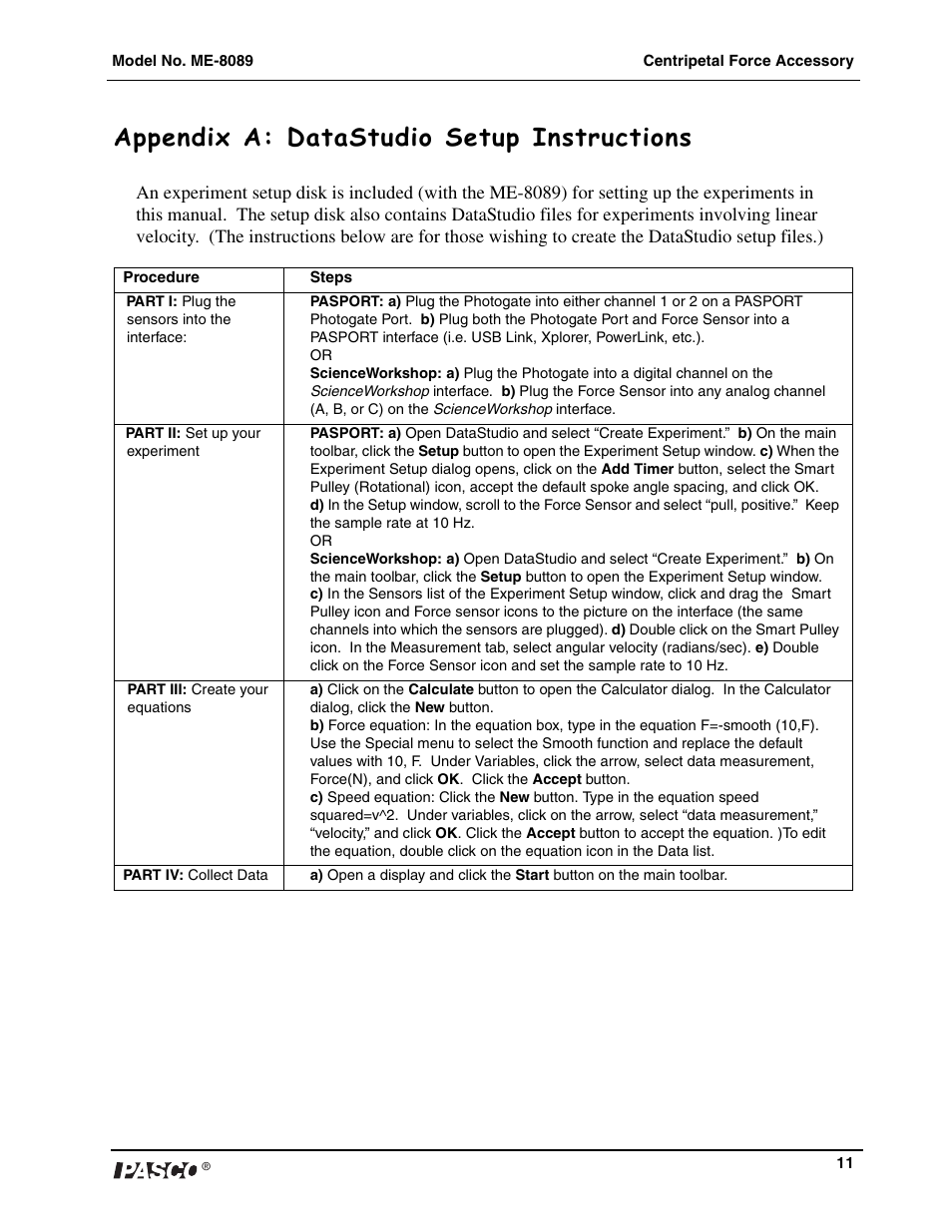 Appendix a: datastudio setup instructions | PASCO ME-8089 Computer-Based Centripetal Force Accessory User Manual | Page 11 / 12