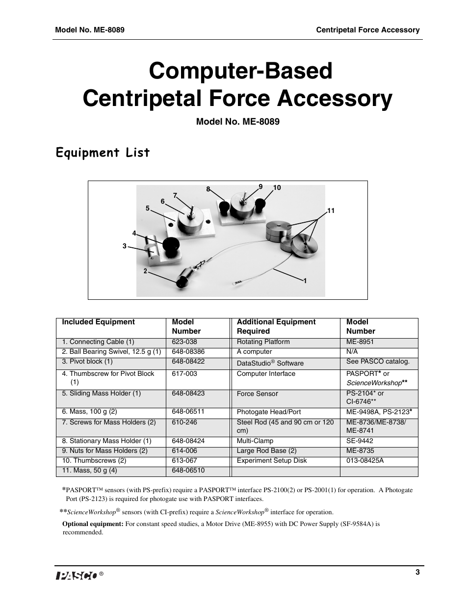 Computer-based centripetal force accessory, Equipment list | PASCO ME-8089 Computer-Based Centripetal Force Accessory User Manual | Page 3 / 12