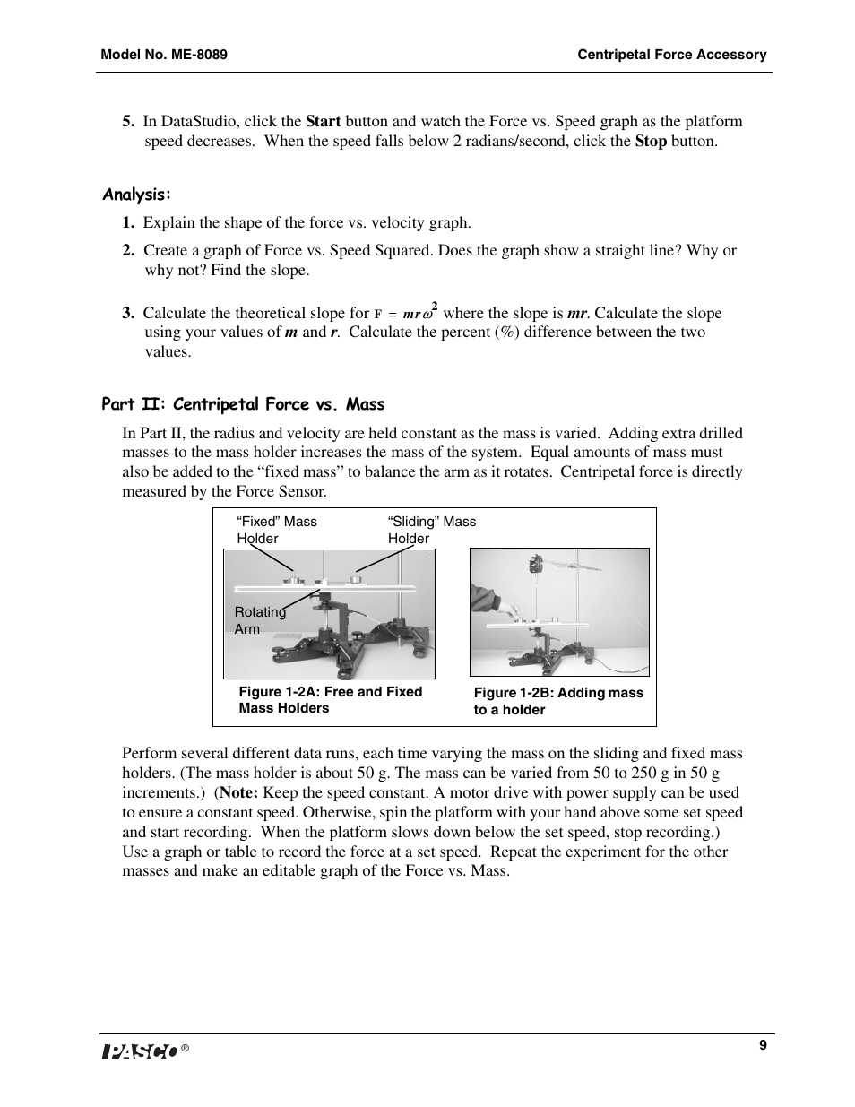 PASCO ME-8089 Computer-Based Centripetal Force Accessory User Manual | Page 9 / 12