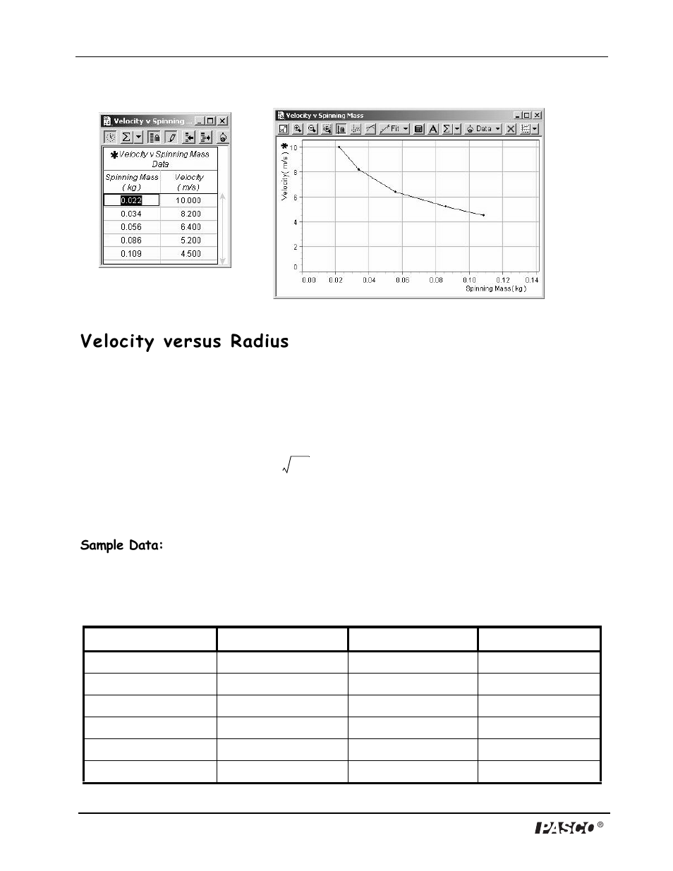 Velocity versus radius, Sample data, Radius (m) | Mh (kg), Ms (kg), V (m/s) | PASCO ME-9837 Discover Centripetal Force Kit User Manual | Page 10 / 13