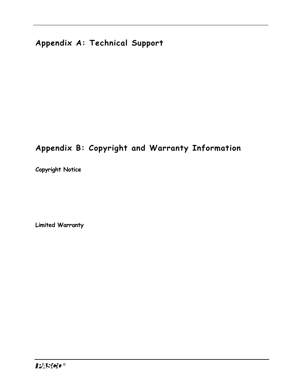 Appendix a: technical support, Appendix b: copyright and warranty information, Copyright notice | Limited warranty | PASCO ME-9837 Discover Centripetal Force Kit User Manual | Page 13 / 13