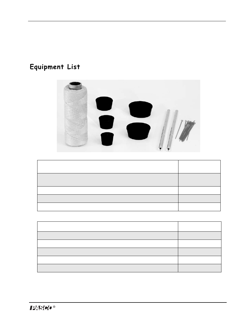 Discover centripetal force kit, Model no. me-9837, Equipment list | Included equipment, Replacement model number, Rubber stoppers (sizes: 6, 8, 10, 11.5, and 13), Hollow tube (2), Plastic ties (10), Yellow string (73 m), Additional equipment recommended | PASCO ME-9837 Discover Centripetal Force Kit User Manual | Page 3 / 13