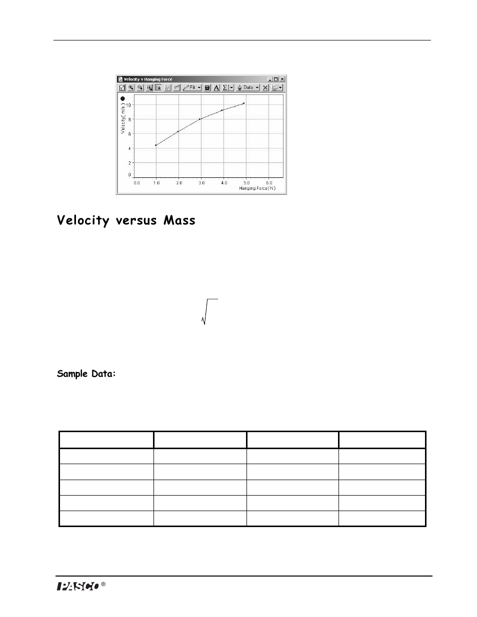 Velocity versus mass, Sample data, Radius (m) | Mh (kg), Ms (kg), V (m/s) | PASCO ME-9837 Discover Centripetal Force Kit User Manual | Page 9 / 13