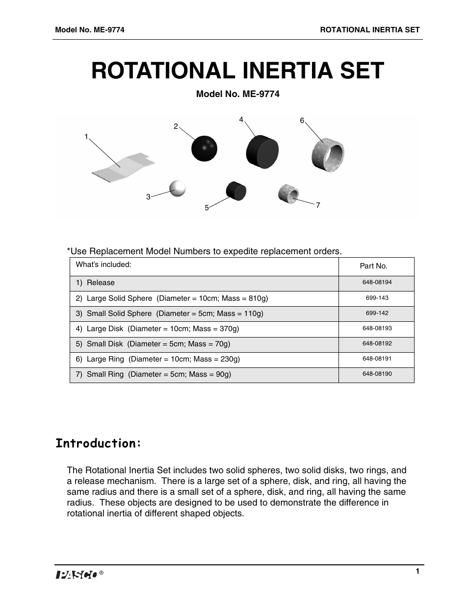 Rotational inertia set, Introduction | PASCO ME-9774 ROTATIONAL INERTIA SET User Manual | Page 2 / 3