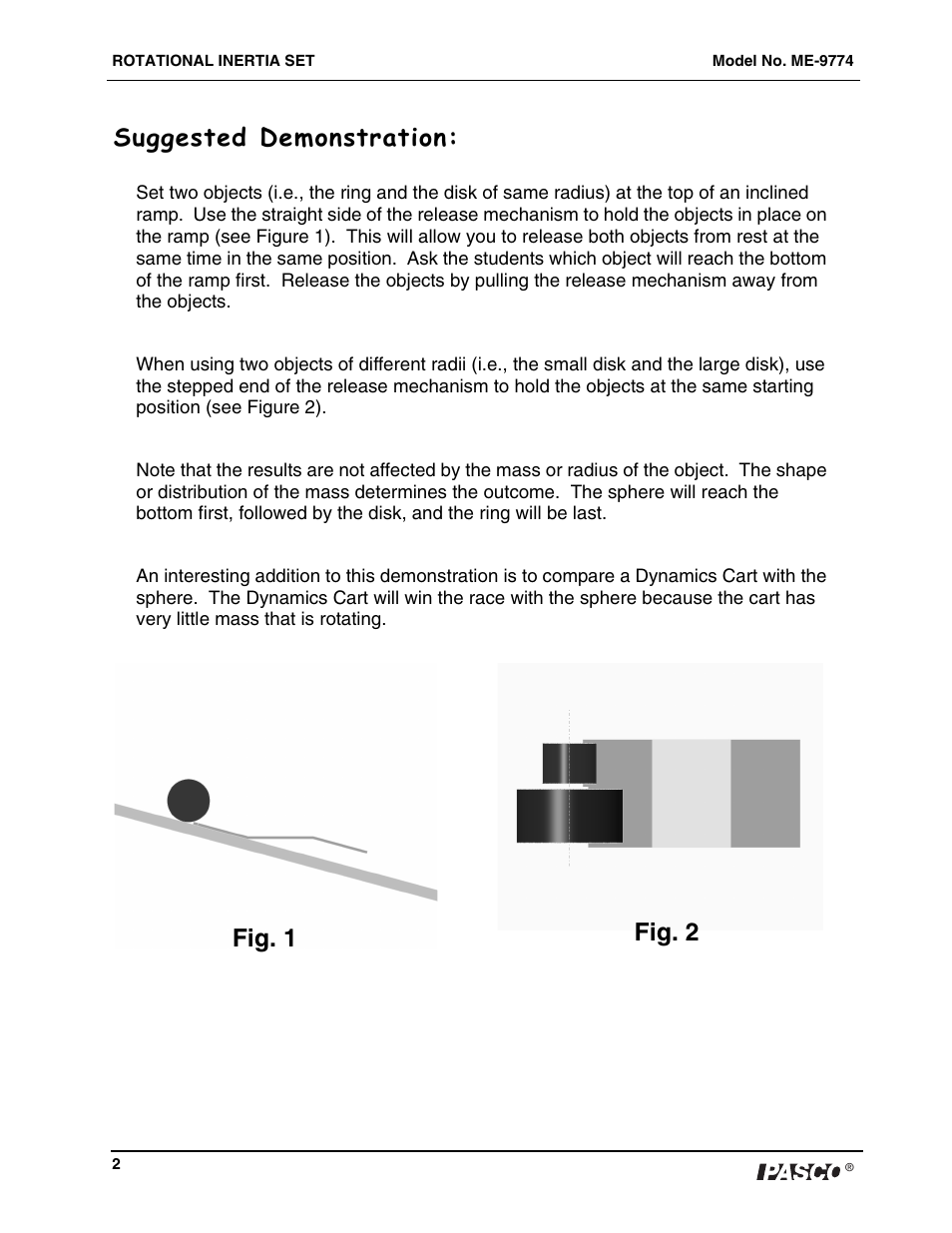 Suggested demonstration, Fig. 1 fig. 2 | PASCO ME-9774 ROTATIONAL INERTIA SET User Manual | Page 3 / 3