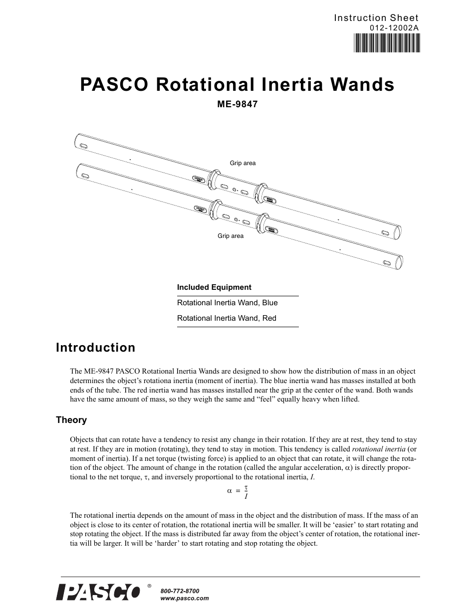 PASCO ME-9847 Rotational Inertia Wands User Manual | 2 pages