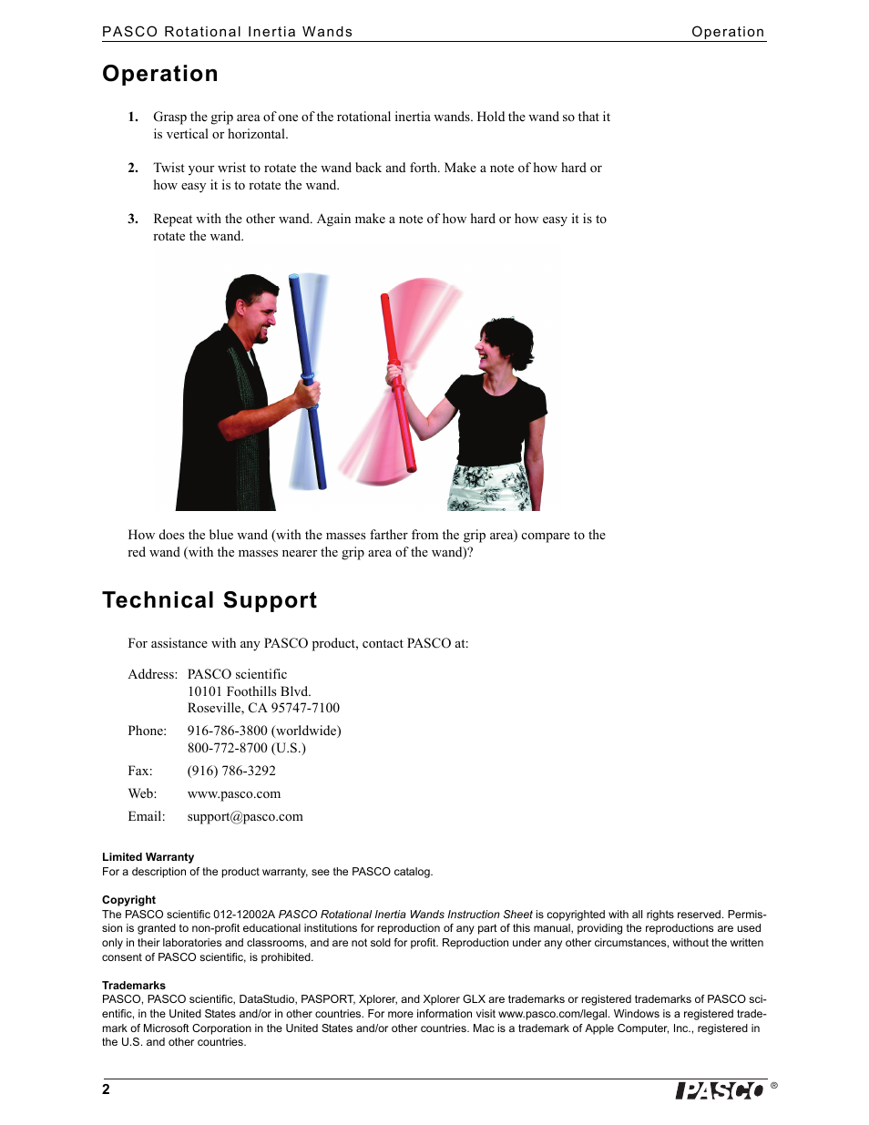 Operation, Technical support | PASCO ME-9847 Rotational Inertia Wands User Manual | Page 2 / 2