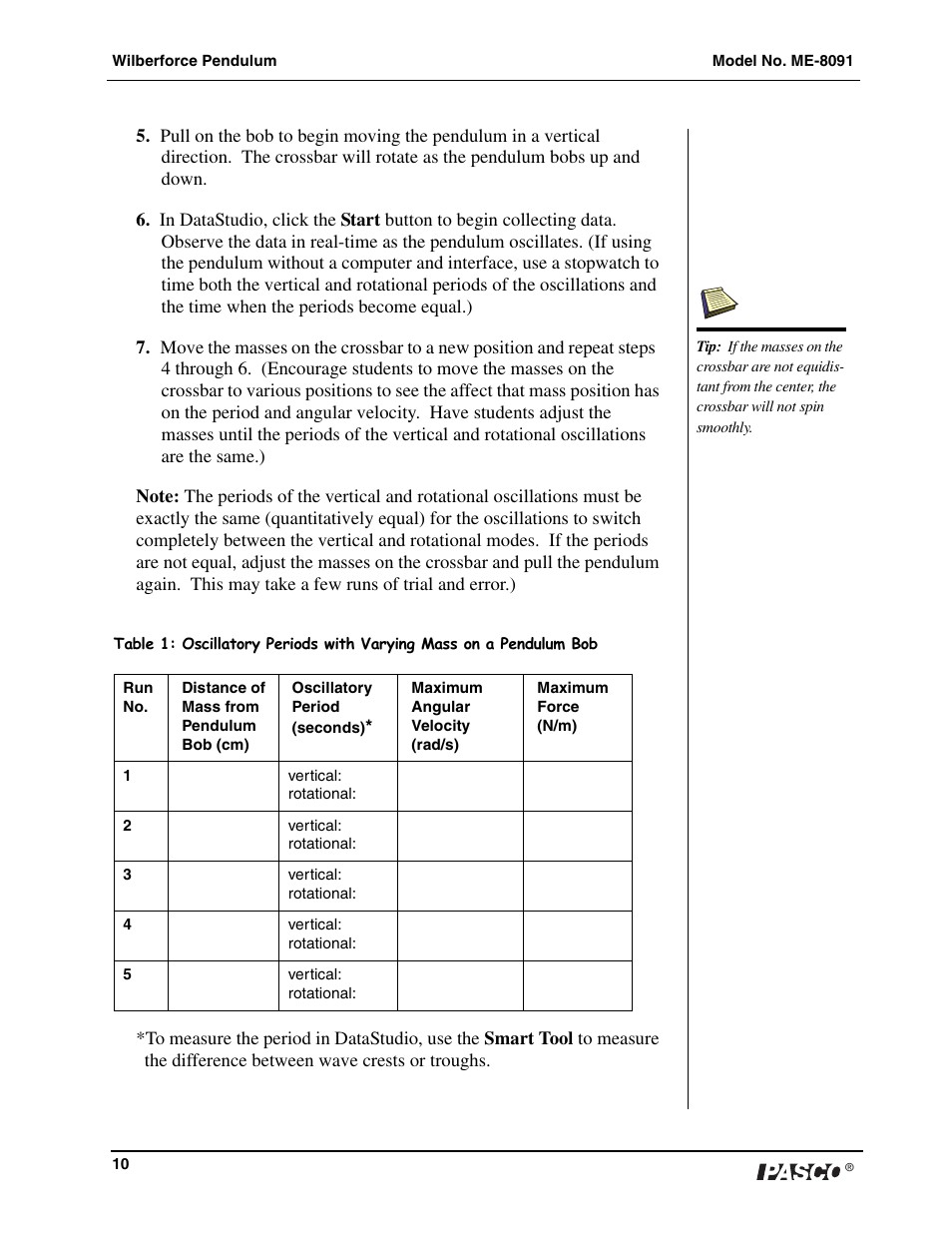 PASCO ME-8091 Wilberforce Pendulum User Manual | Page 11 / 20